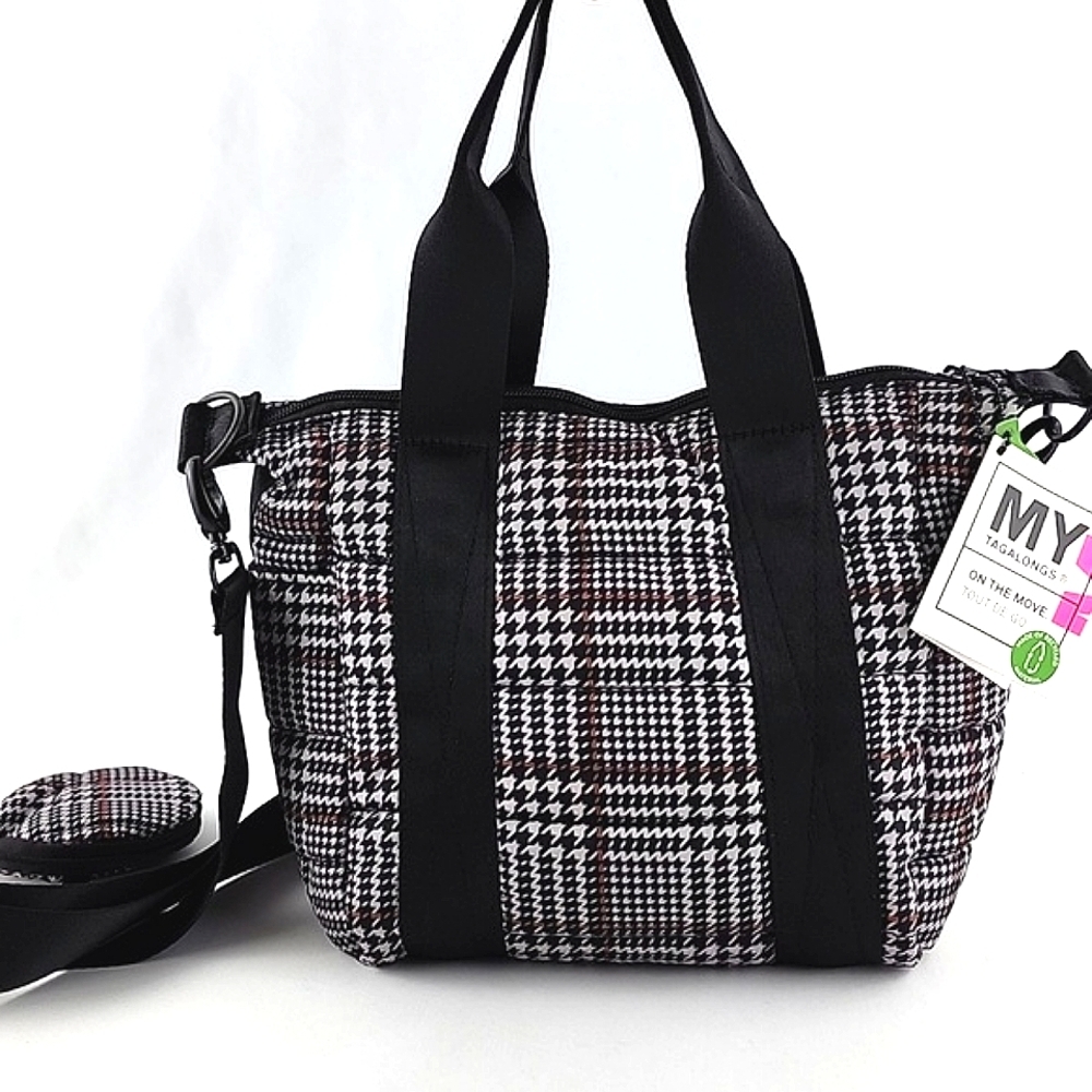 NWT My Tagalongs Women’s Vixen Puffer Tote Plaid Black White Large